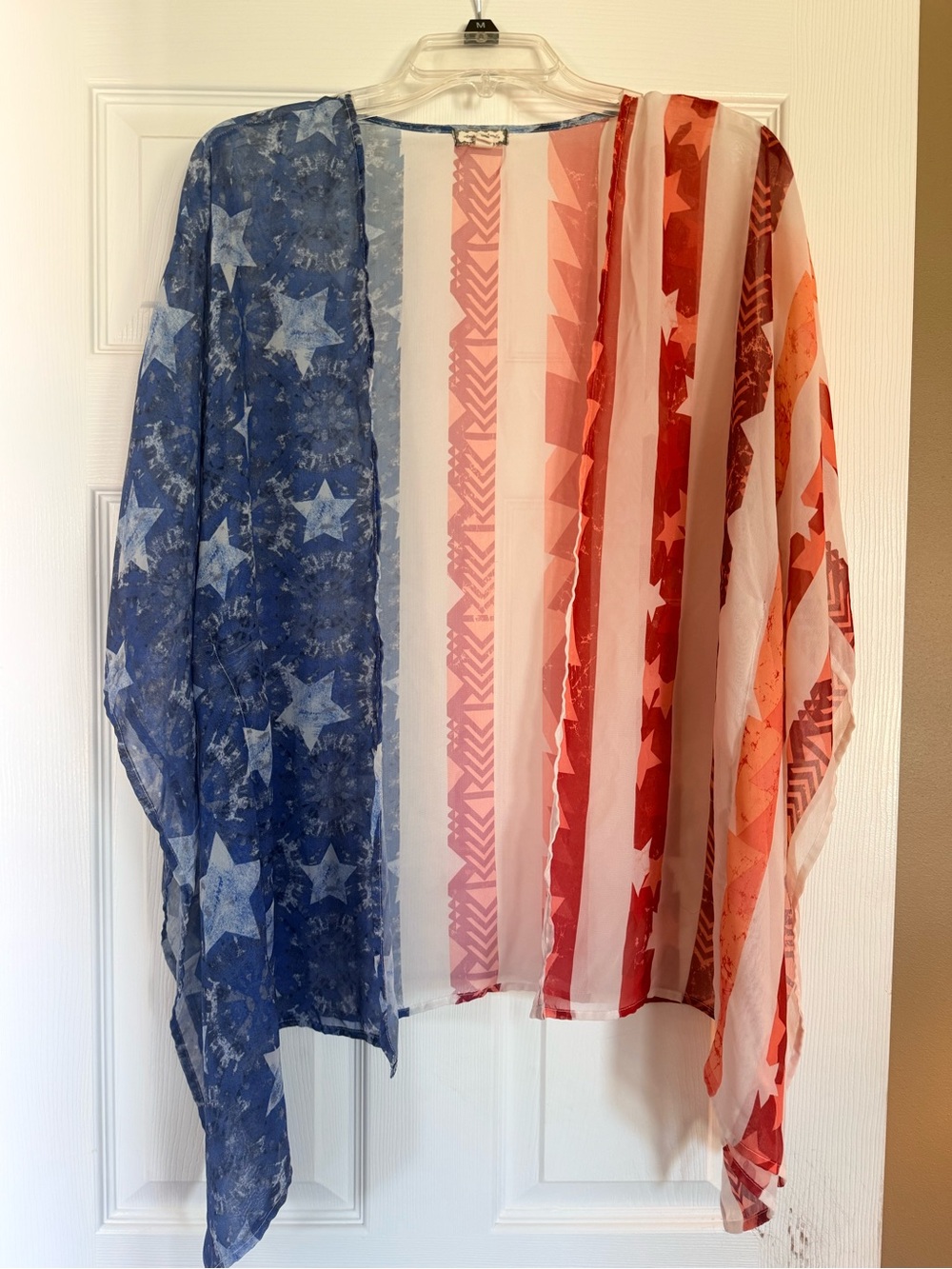 Sheer American Flag Kimono Cardigan - Blue & Red Stars & Aztec Stripes